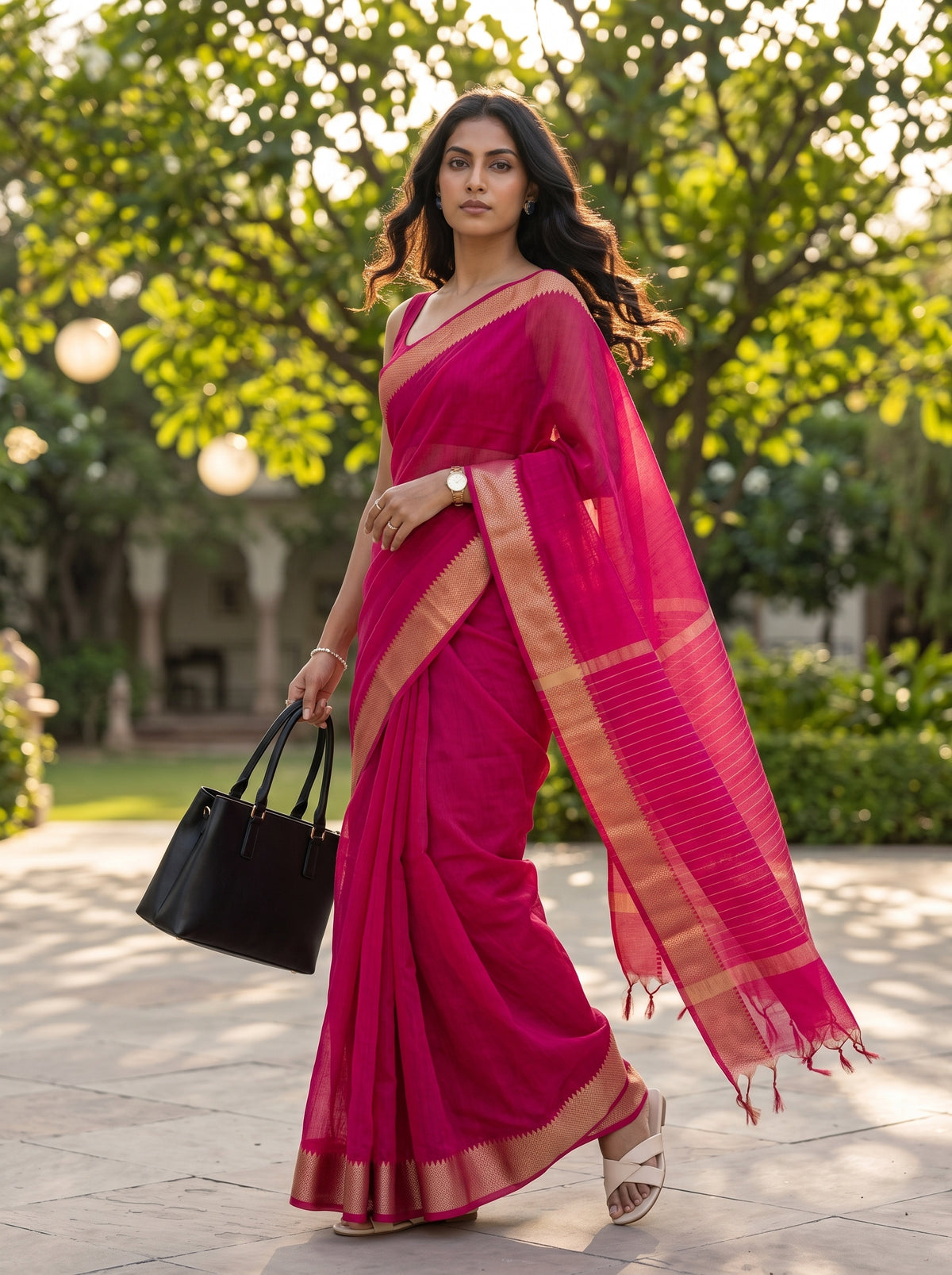 MIMOSA Strawberry Maheshwari Cotton Saree — pose 9 styling detail