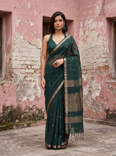 MIMOSA Bottle Green Maheshwari Cotton Cotton Saree — front view on mannequin