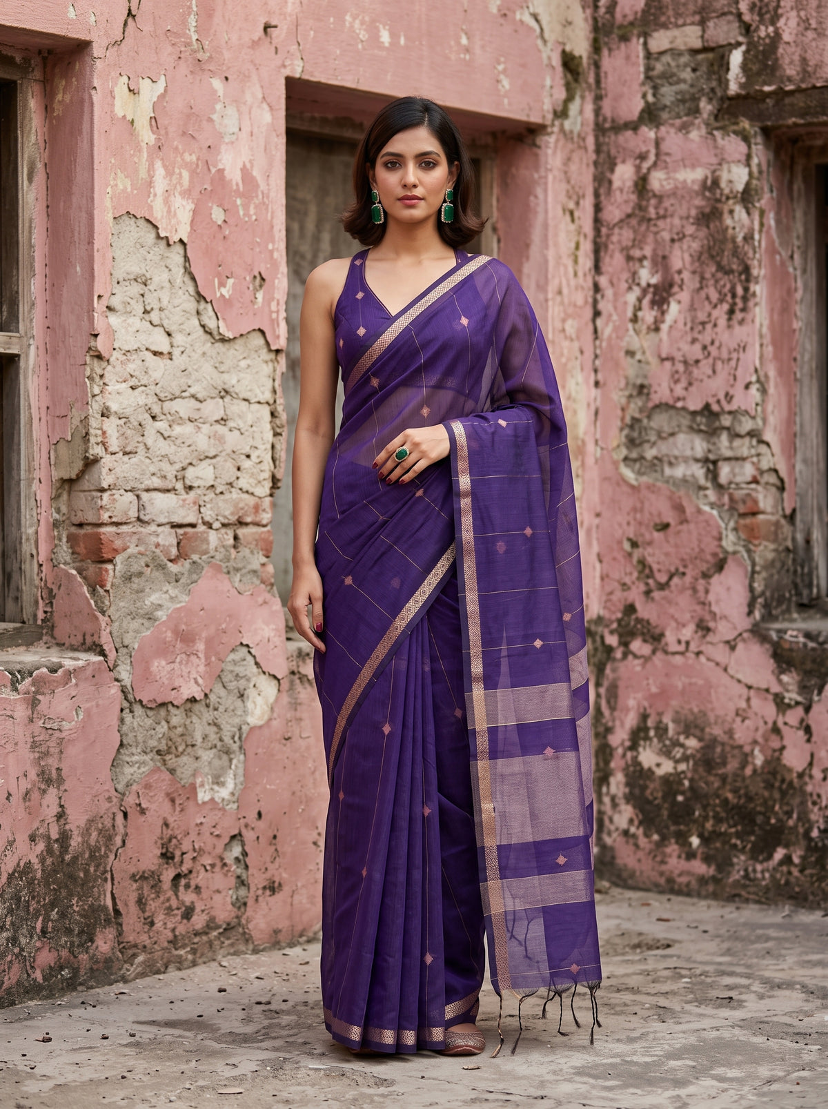 MIMOSA Jamun Maheshwari Cotton Cotton Saree — front view on mannequin