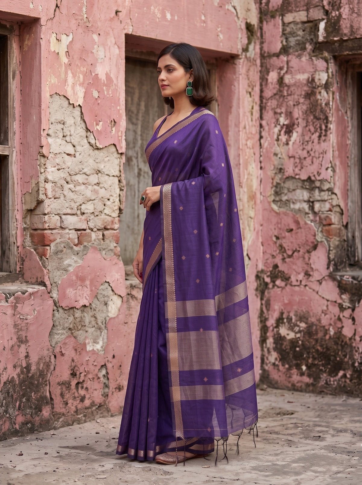 MIMOSA Jamun Maheshwari Cotton Cotton Saree — pose 3 styling detail