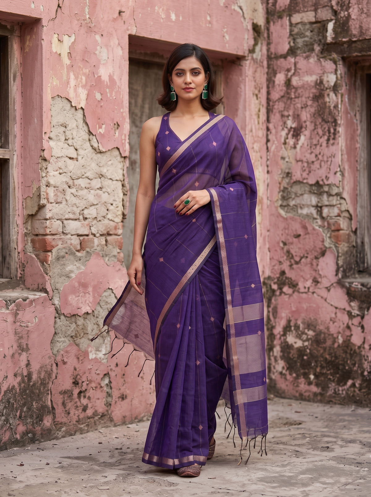 MIMOSA Jamun Maheshwari Cotton Cotton Saree — pose 6 styling detail