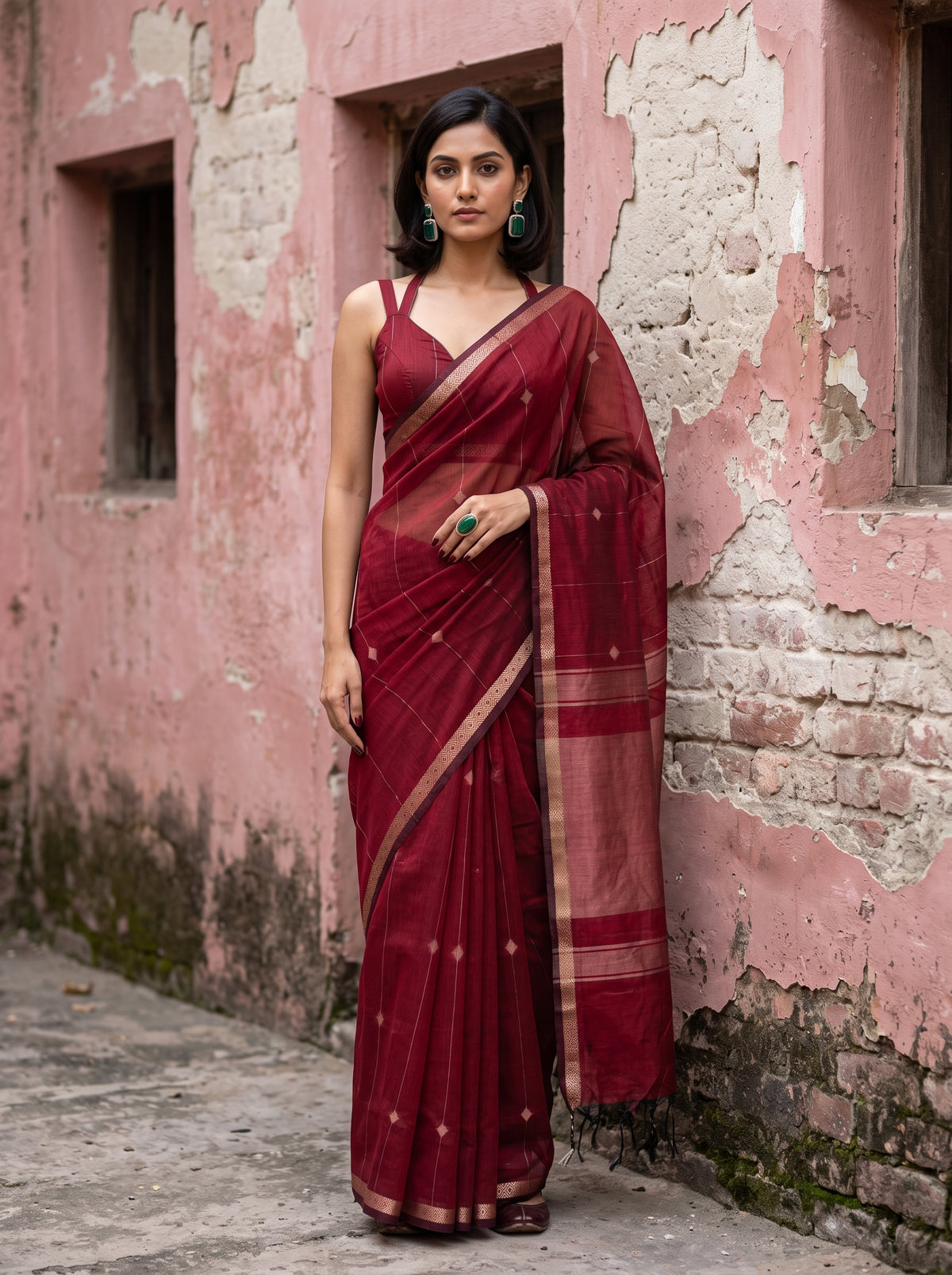 MIMOSA Maroon Maheshwari Cotton Cotton Saree — front view on mannequin