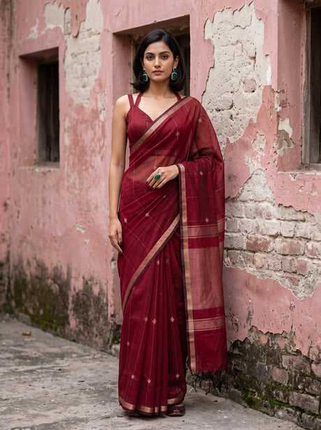 MIMOSA Maroon Maheshwari Cotton Cotton Saree — front view on mannequin