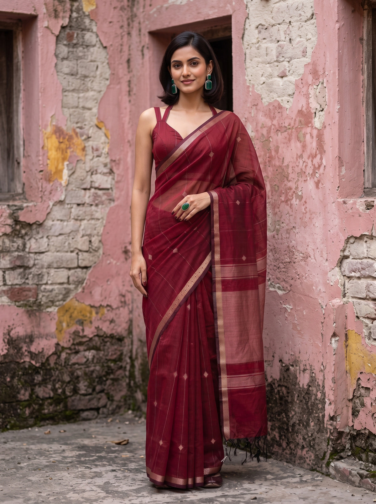MIMOSA Maroon Maheshwari Cotton Cotton Saree — pose 10 styling detail