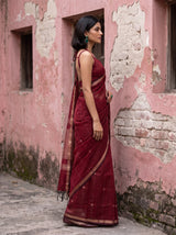 MIMOSA Maroon Maheshwari Cotton Cotton Saree — pose 3 styling detail