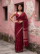 MIMOSA Maroon Maheshwari Cotton Cotton Saree — pose 4 styling detail