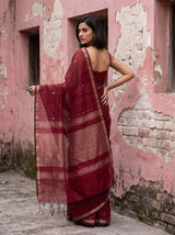 MIMOSA Maroon Maheshwari Cotton Cotton Saree — pose 5 styling detail
