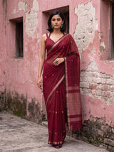 MIMOSA Maroon Maheshwari Cotton Cotton Saree — pose 6 styling detail