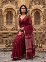MIMOSA Maroon Maheshwari Cotton Cotton Saree — pose 8 styling detail
