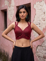 MIMOSA Maroon Maheshwari Cotton Cotton Saree — blouse close-up
