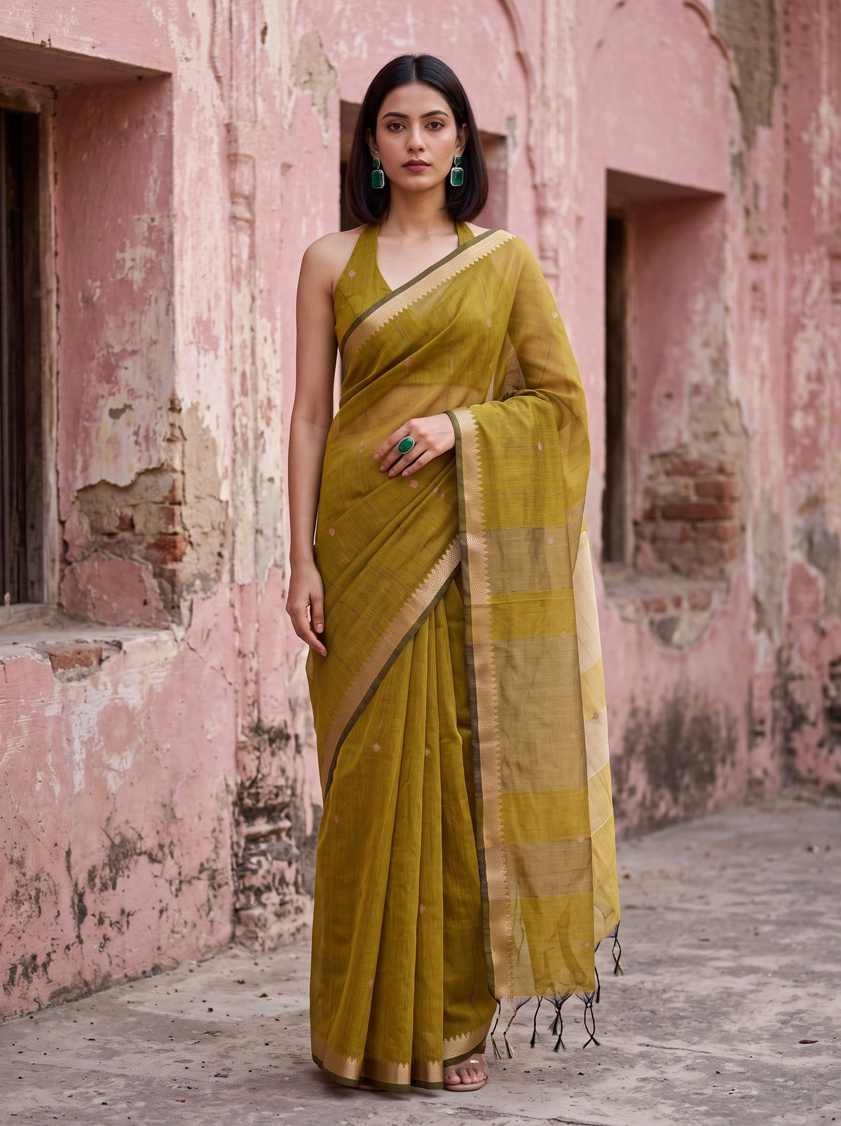 MIMOSA Mustard Maheshwari Cotton Cotton Saree — front view on mannequin
