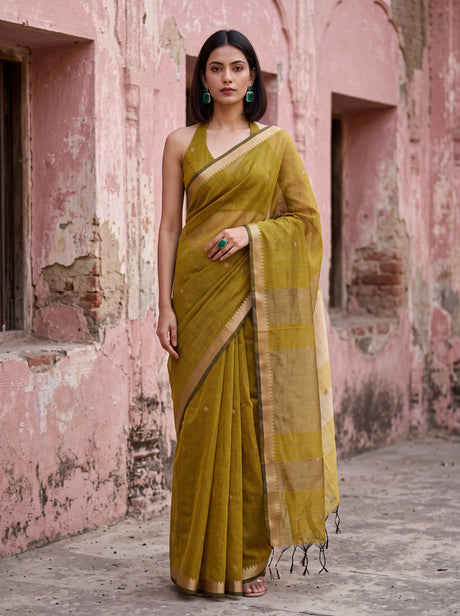 MIMOSA Mustard Maheshwari Cotton Cotton Saree — front view on mannequin