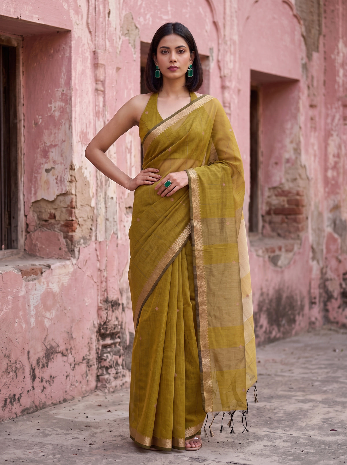 MIMOSA Mustard Maheshwari Cotton Cotton Saree — pose 4 styling detail