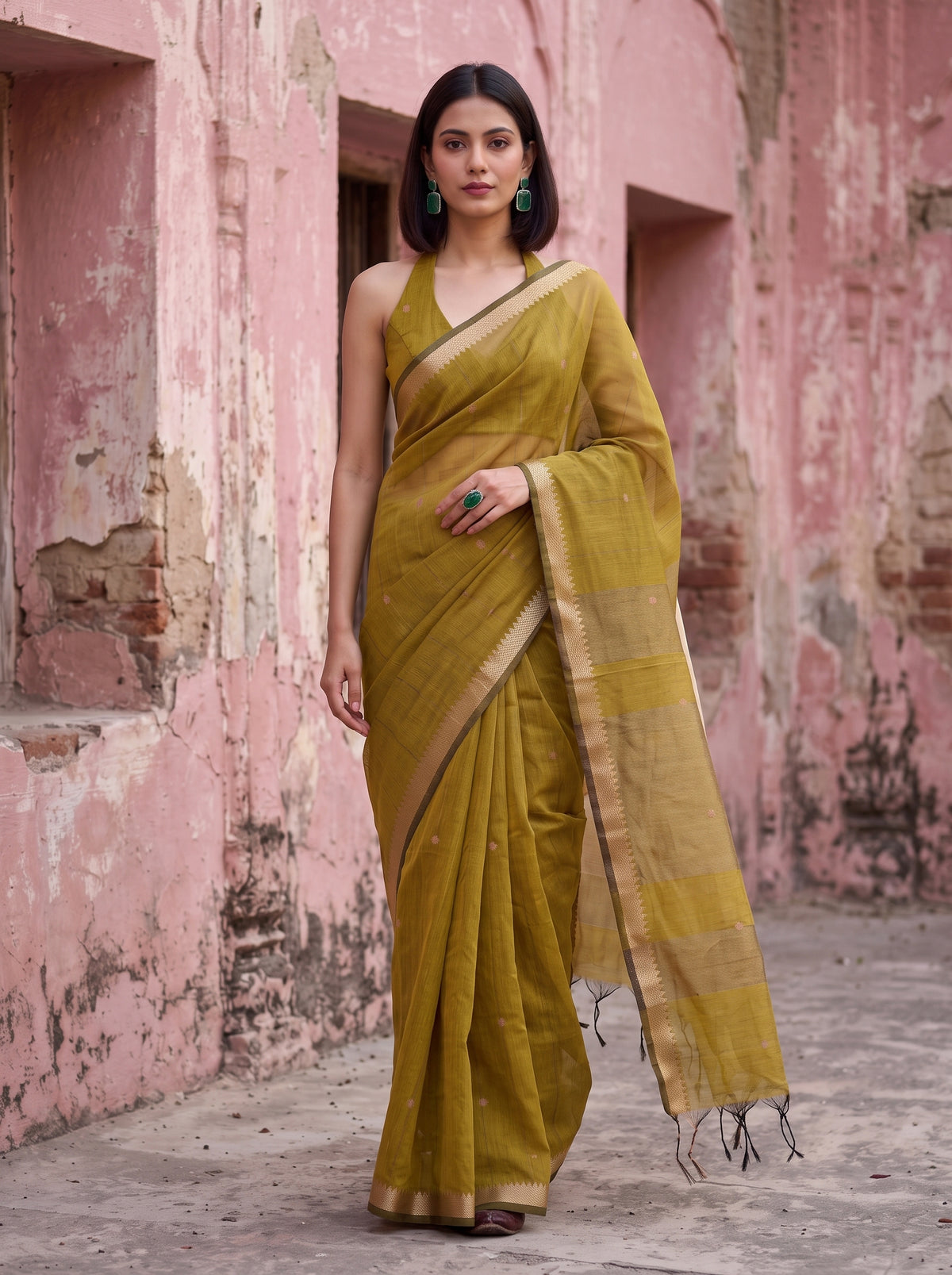 MIMOSA Mustard Maheshwari Cotton Cotton Saree — pose 6 styling detail