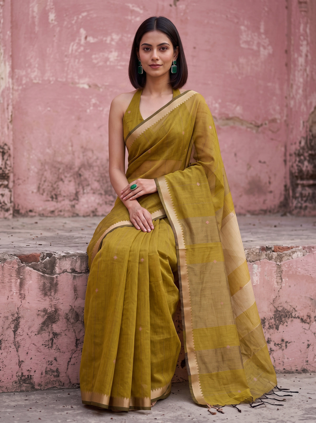 MIMOSA Mustard Maheshwari Cotton Cotton Saree — pose 8 styling detail