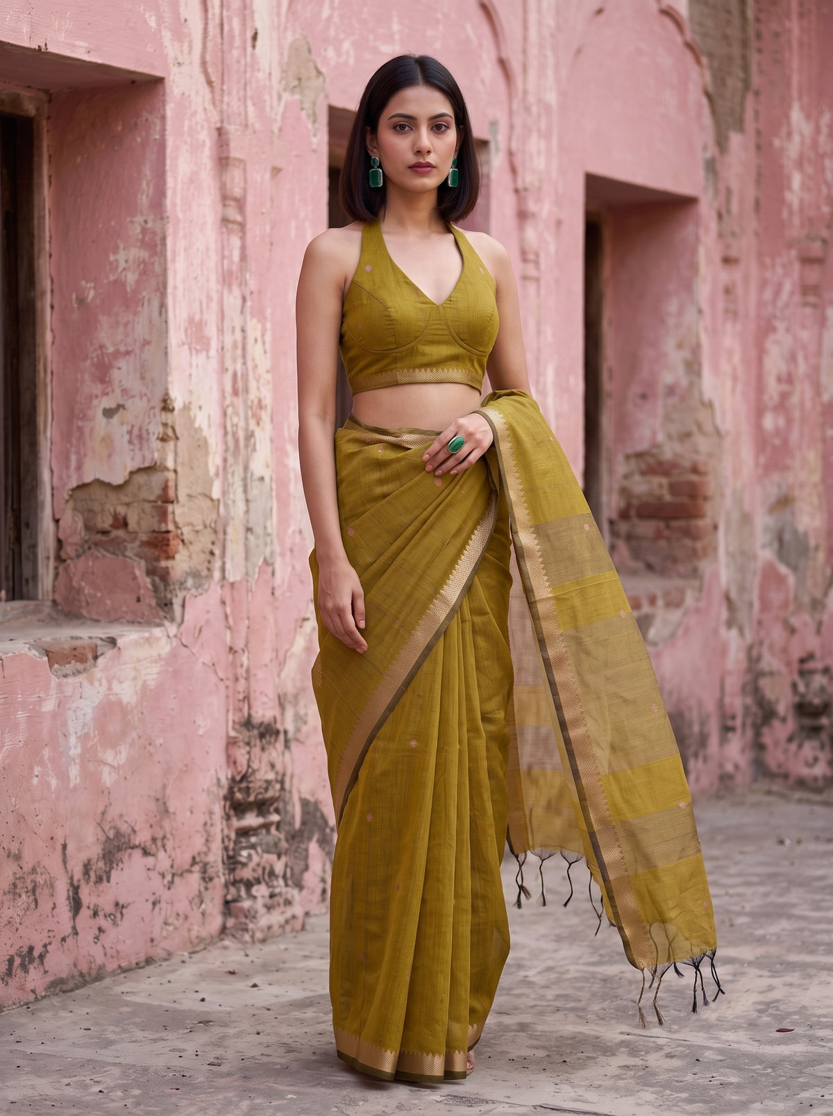 MIMOSA Mustard Maheshwari Cotton Cotton Saree — pose 9 styling detail
