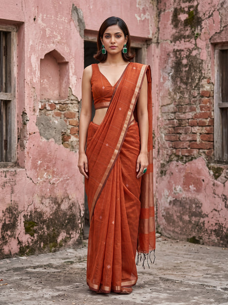 MIMOSA Orange Maheshwari Cotton Cotton Saree — front view on mannequin