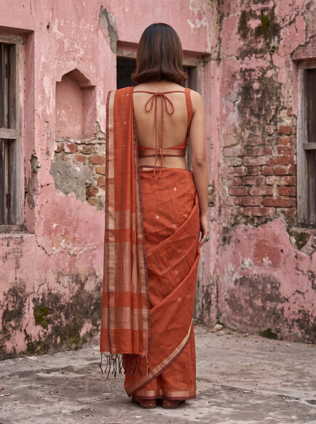 MIMOSA Orange Maheshwari Cotton Cotton Saree — pose 2 styling detail