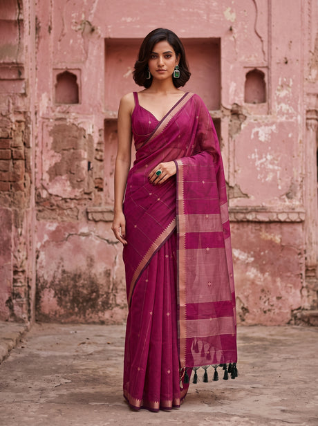 MIMOSA Rani Maheshwari Cotton Cotton Saree — front view on mannequin