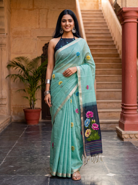 MIMOSA Blue Bhagalpuri Cotton Saree — front view on mannequin
