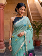 MIMOSA Blue Bhagalpuri Cotton Saree — pose 10 styling detail