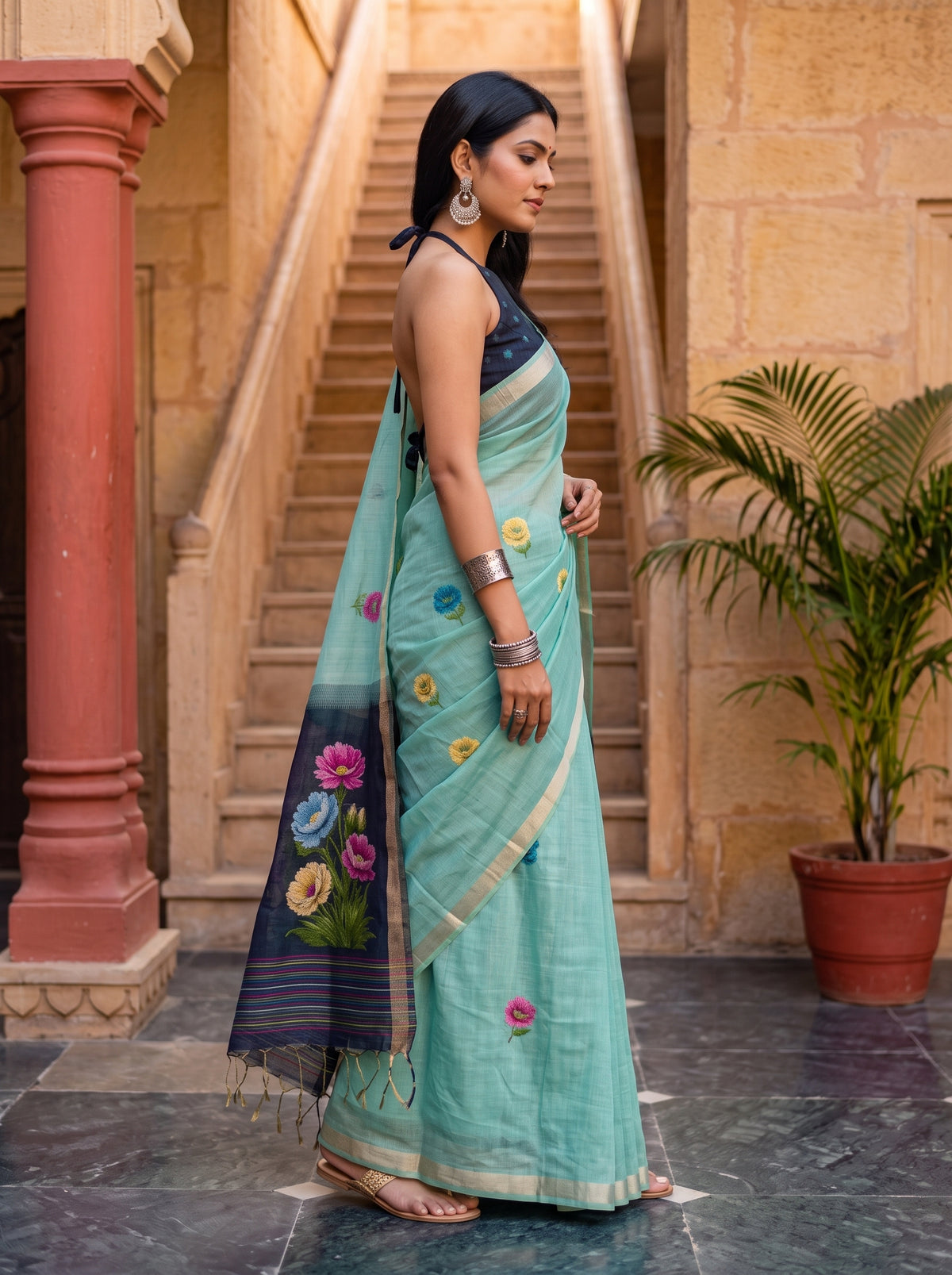 MIMOSA Blue Bhagalpuri Cotton Saree — pose 3 styling detail
