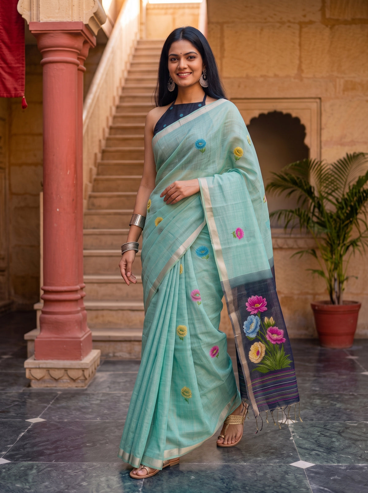 MIMOSA Blue Bhagalpuri Cotton Saree — pose 6 styling detail