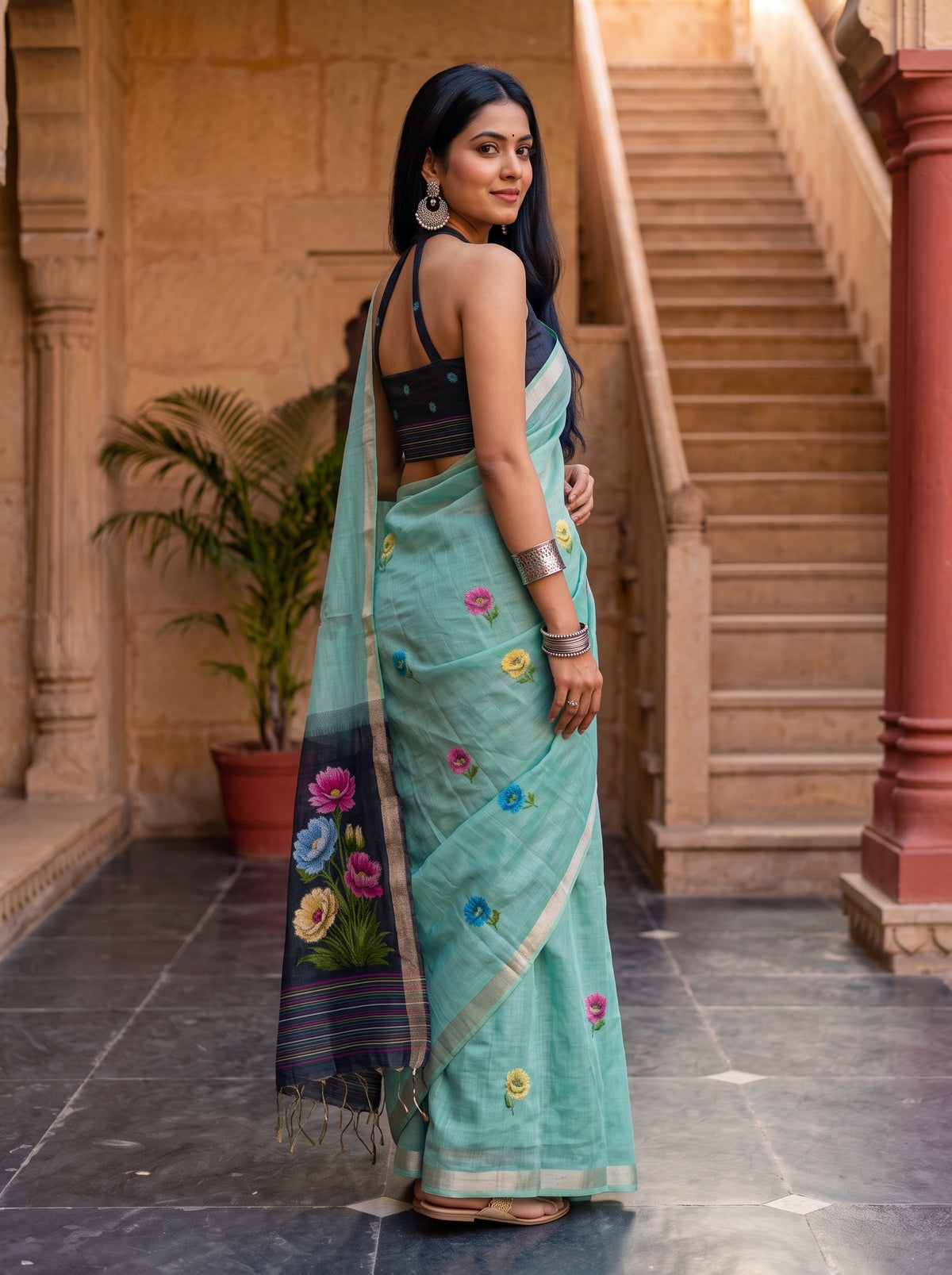 MIMOSA Blue Bhagalpuri Cotton Saree — pose 7 styling detail