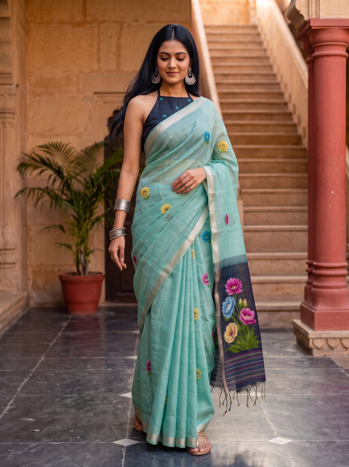 MIMOSA Blue Bhagalpuri Cotton Saree — pose 9 styling detail