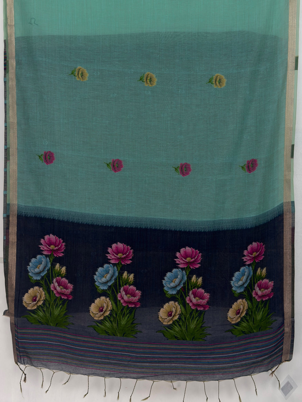 MIMOSA Blue Bhagalpuri Cotton Saree — pallu and zari work detail