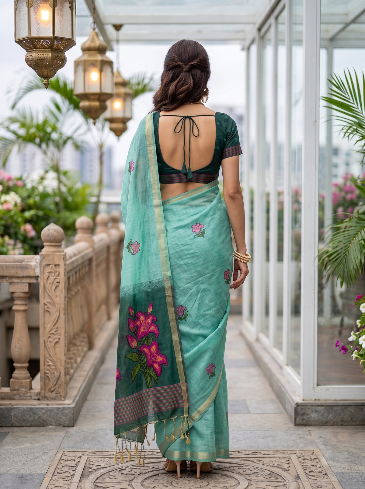 MIMOSA Rama Bhagalpuri Cotton linen Saree — pose 2 styling detail