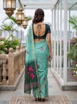 MIMOSA Rama Bhagalpuri Cotton linen Saree — pose 2 styling detail