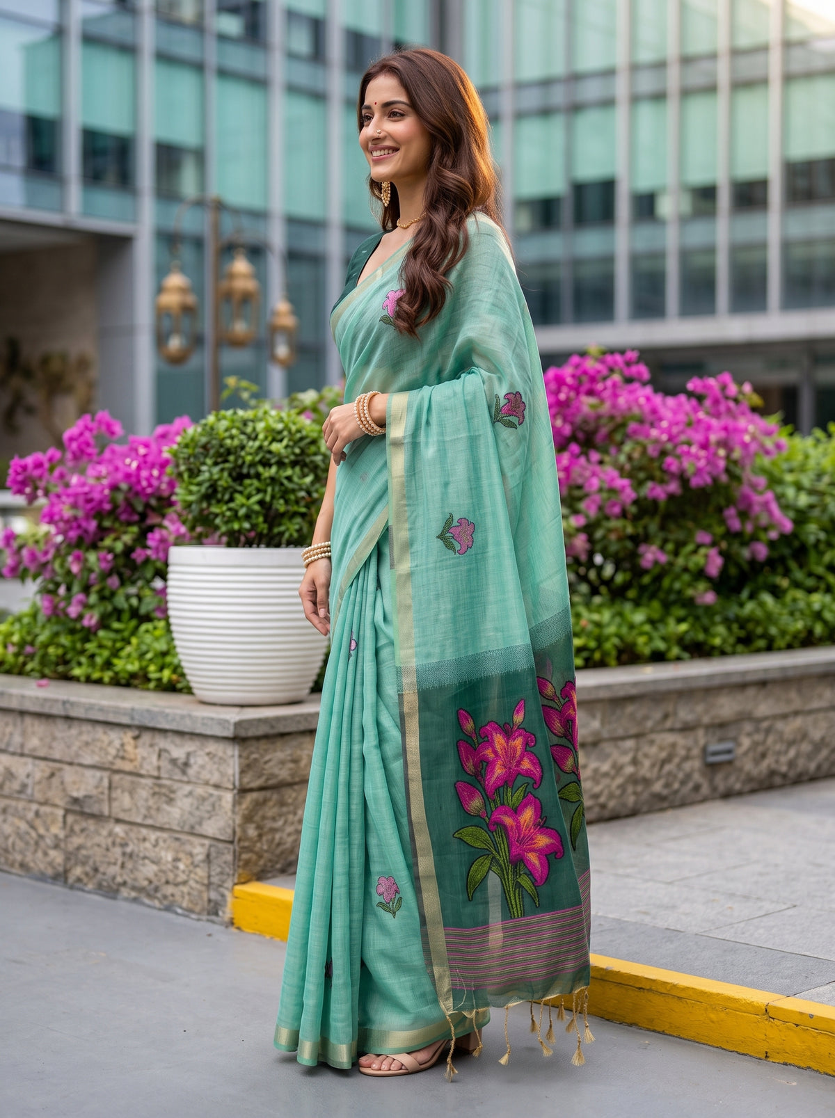 MIMOSA Rama Bhagalpuri Cotton linen Saree — pose 3 styling detail