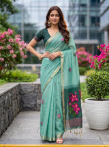 MIMOSA Rama Bhagalpuri Cotton linen Saree — pose 4 styling detail