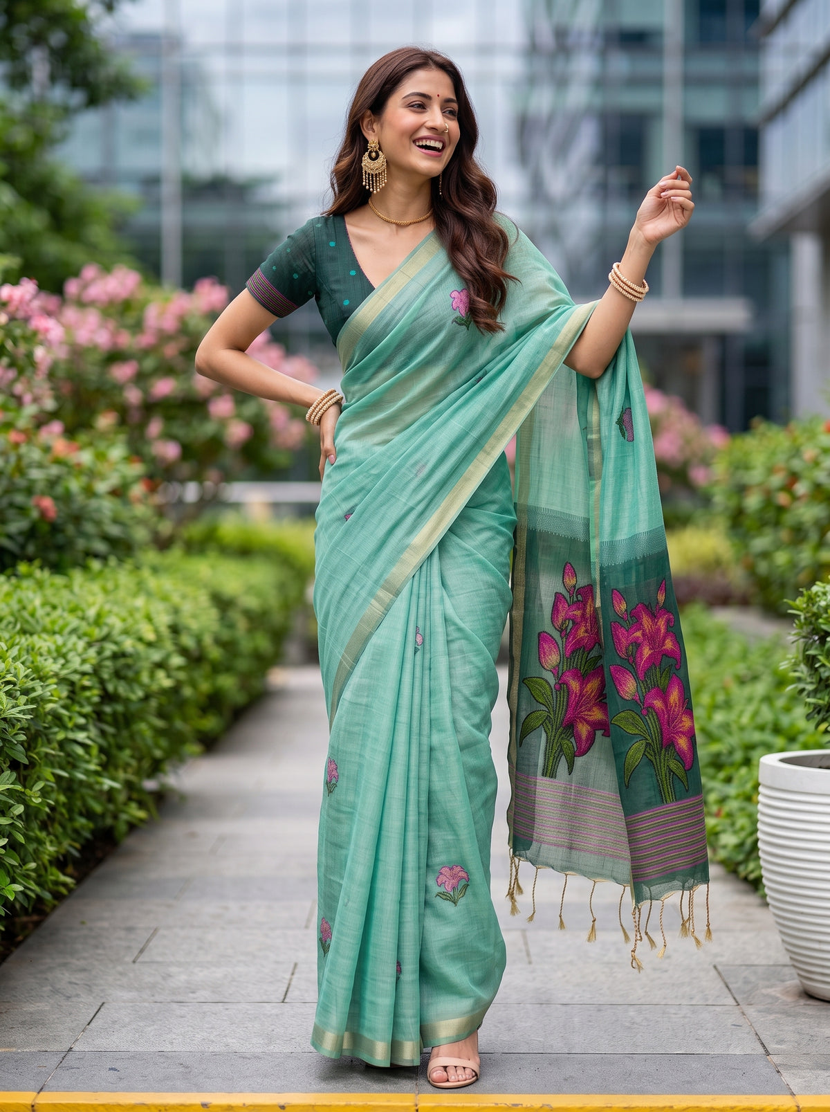 MIMOSA Rama Bhagalpuri Cotton linen Saree — pose 5 styling detail