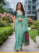 MIMOSA Rama Bhagalpuri Cotton linen Saree — pose 6 styling detail