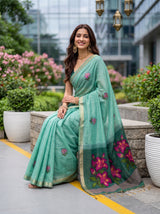 MIMOSA Rama Bhagalpuri Cotton linen Saree — pose 8 styling detail