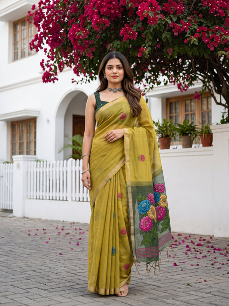 MIMOSA Olive Bhagalpuri Cotton linen Saree — AI Model lifestyle pose