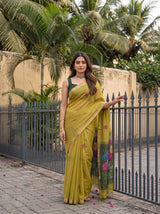 MIMOSA Olive Bhagalpuri Cotton linen Saree — pose 10 styling detail