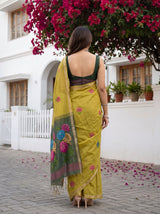 MIMOSA Olive Bhagalpuri Cotton linen Saree — Saree shot pallu and body