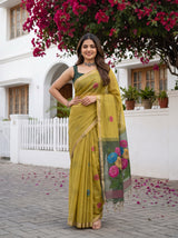 MIMOSA Olive Bhagalpuri Cotton linen Saree — pose 4 styling detail