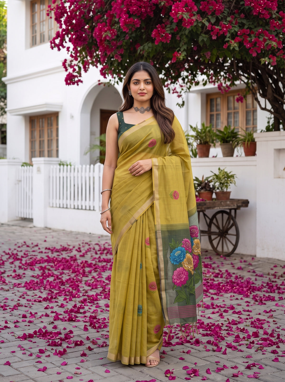 MIMOSA Olive Bhagalpuri Cotton linen Saree — pose 5 styling detail