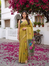MIMOSA Olive Bhagalpuri Cotton linen Saree — pose 5 styling detail