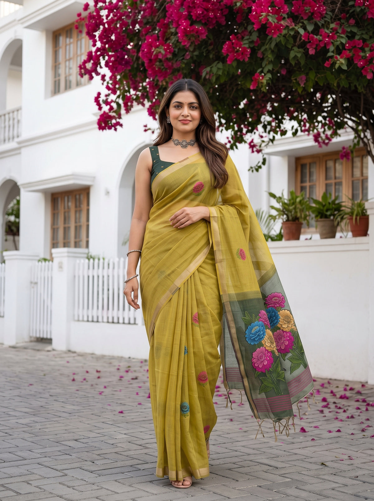 MIMOSA Olive Bhagalpuri Cotton linen Saree — pose 6 styling detail