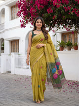 MIMOSA Olive Bhagalpuri Cotton linen Saree — pose 6 styling detail