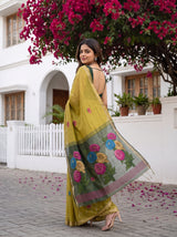 MIMOSA Olive Bhagalpuri Cotton linen Saree — pose 7 styling detail
