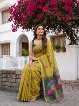 MIMOSA Olive Bhagalpuri Cotton linen Saree — pose 8 styling detail