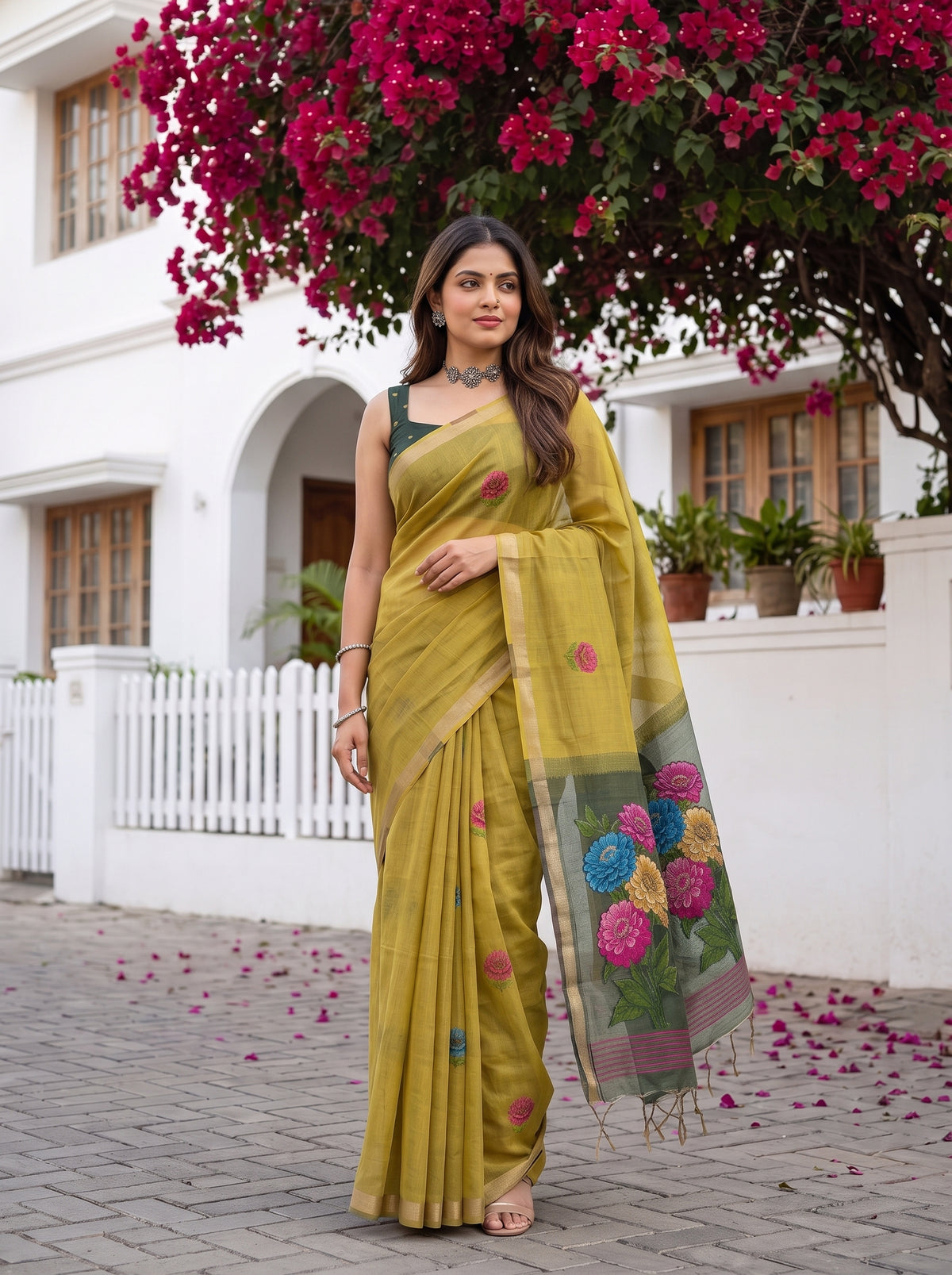 MIMOSA Olive Bhagalpuri Cotton linen Saree — pose 9 styling detail