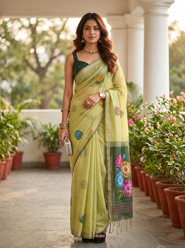 MIMOSA Olive Bhagalpuri Cotton linen Saree — AI Model lifestyle pose