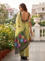 MIMOSA Olive Bhagalpuri Cotton linen Saree — close-up of model's face